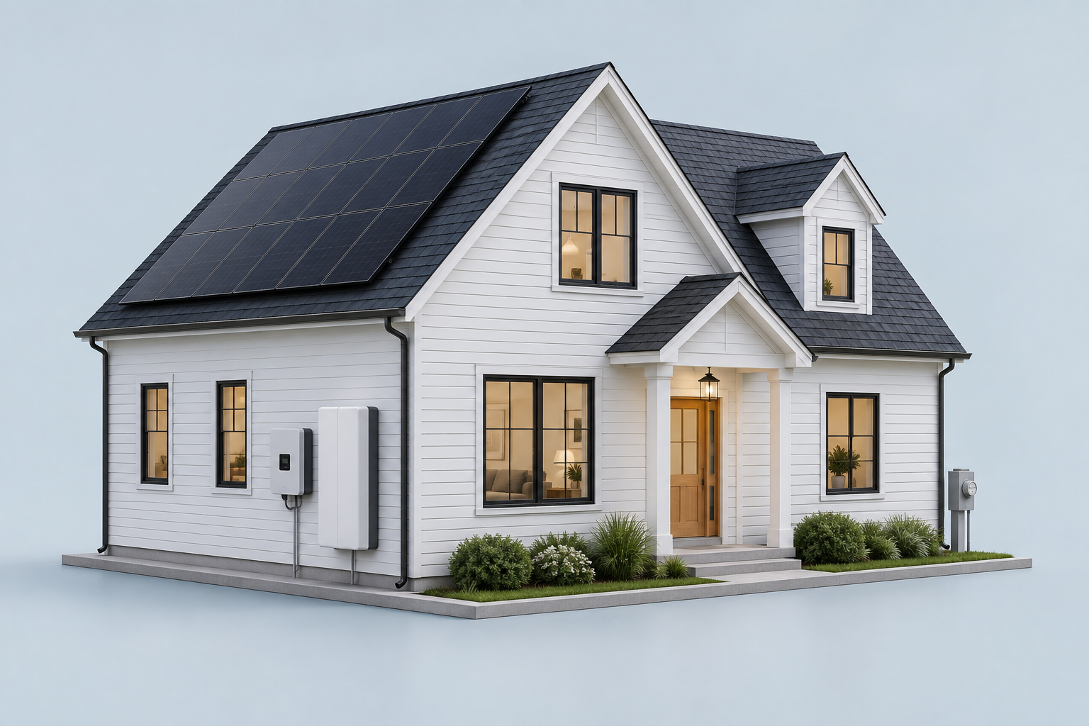 Illustrated New England home with rooftop solar panels, a wall-mounted inverter, an optional battery and a utility meter.